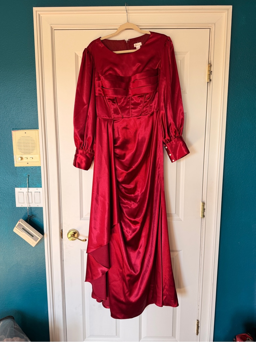 Azazie Red size 10 Satin Long-Sleeve Draped Evening Gown